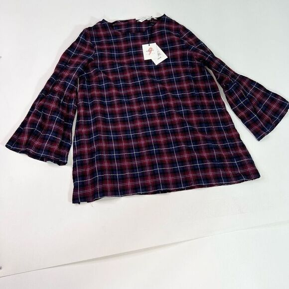 The Nines by Hatch Blouse Womens Medium Blue & Red Plaid Button-Back Bell Sleeve - Picture 1 of 11